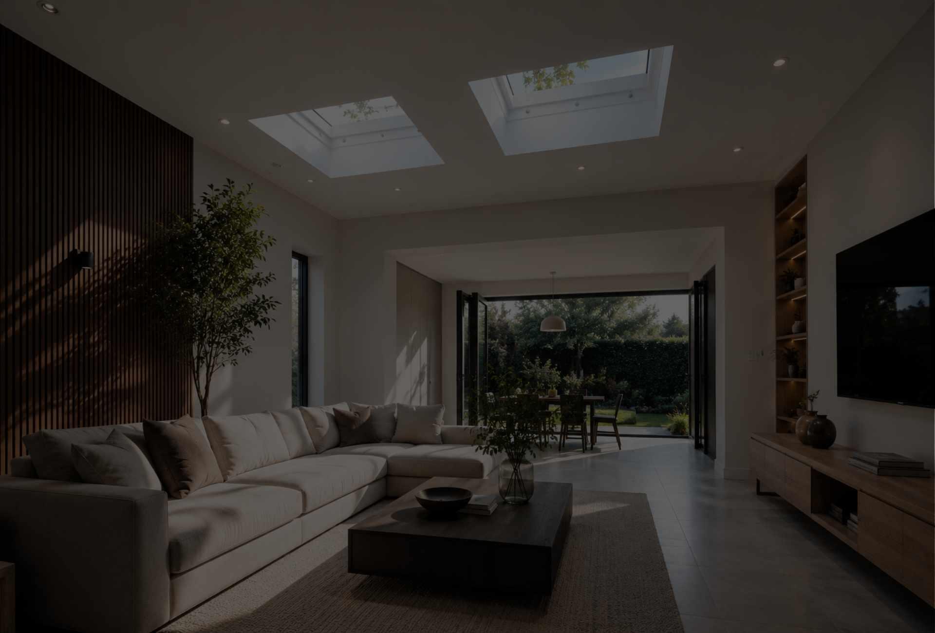 Lichtkoepel in het plafond van een lichte woonkamer